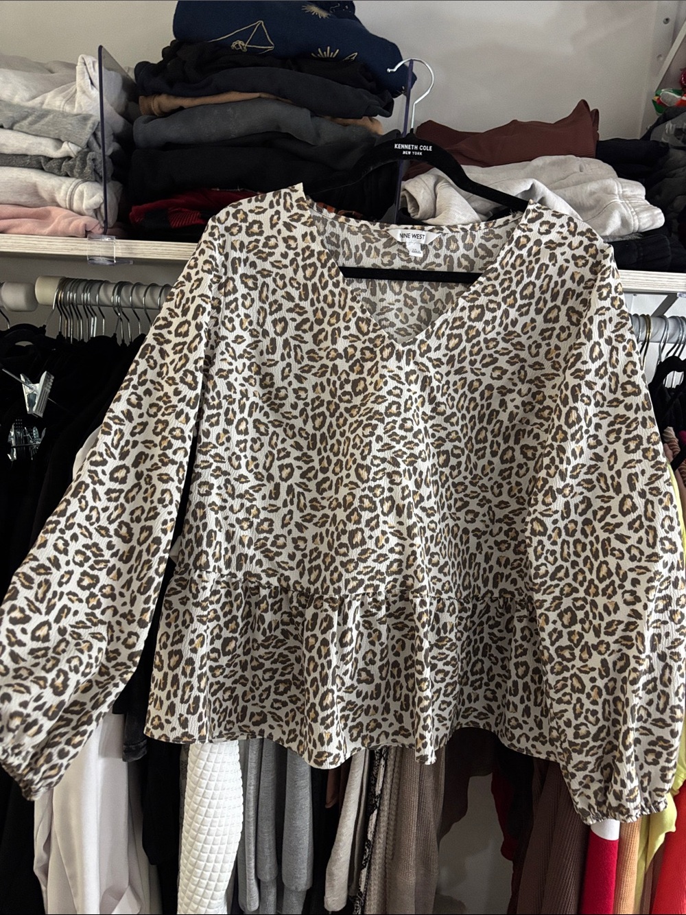 Nine West Leopard Print Peplum Blouse - Cream and Brown